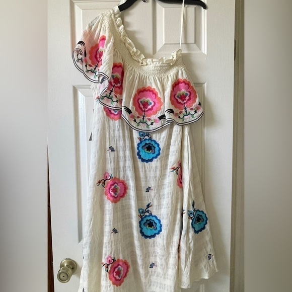 Anthropologie One Shoulder Sundress Ruffles Embroidered Floral Tan Pink Size S - Picture 4 of 13